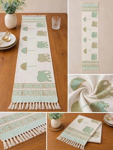 Exquisite Handcrafted Table Runner - Authentic Handblock Printed Jute Textured 6 Seater Dining Decor
