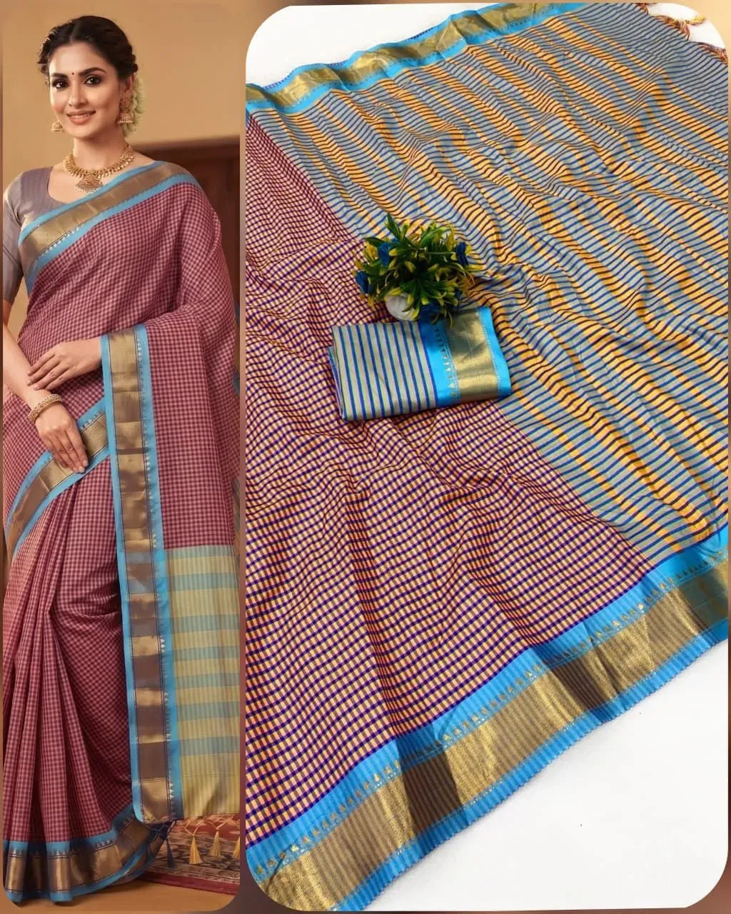 Model wearing mauve checked handloom cotton silk saree with blue border
