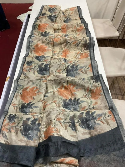 Exquisite Handloom Linen Saree - Floral Digital Print with Contrast Blouse