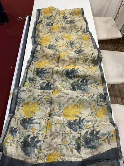 Exquisite Handloom Linen Saree - Floral Digital Print with Contrast Blouse