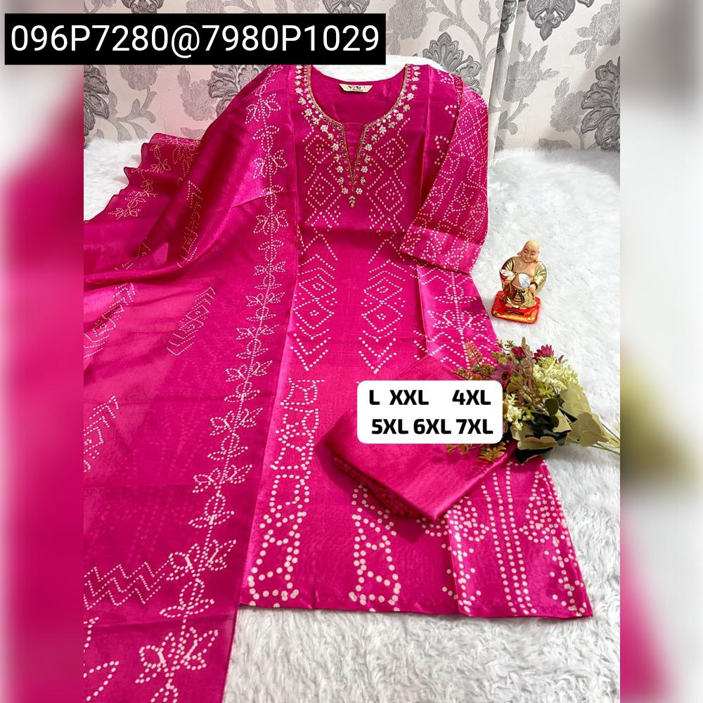Fuchsia Jarna Silk Kurti Pant Dupatta Set with handwork, full view on white rug