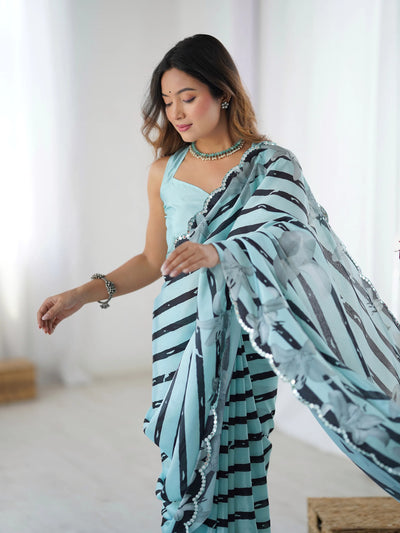 Exquisite Heavy Chinnon Saree - Stunning Printed Work with Kutchi Mirror Lace for Festive Wear
