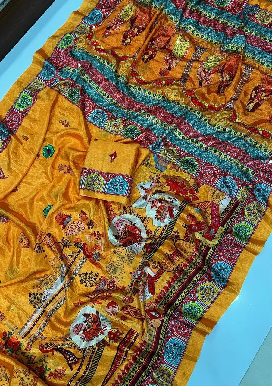 Mustard yellow chinon saree showcasing intricate pallu and border design