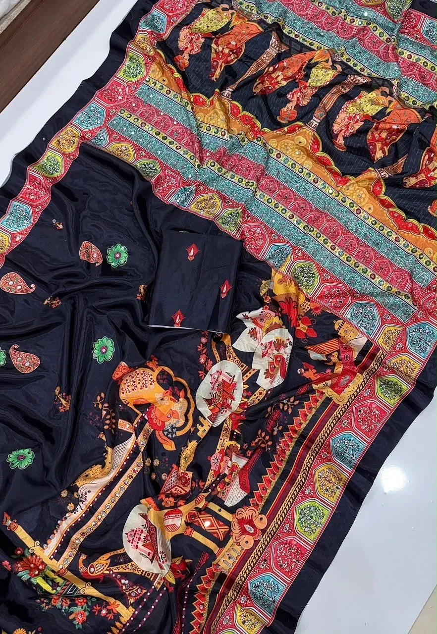 Black chinon saree with digital print and mirror work