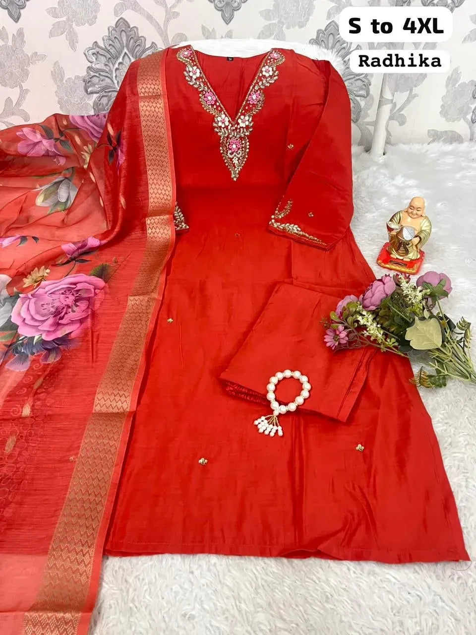 Red heavy Roman silk suit set with floral dupatta and pearl charm