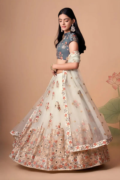 Exquisite Ivory & Slate Grey Lehenga Choli - Designer Floral Mirror Work Wedding Collection