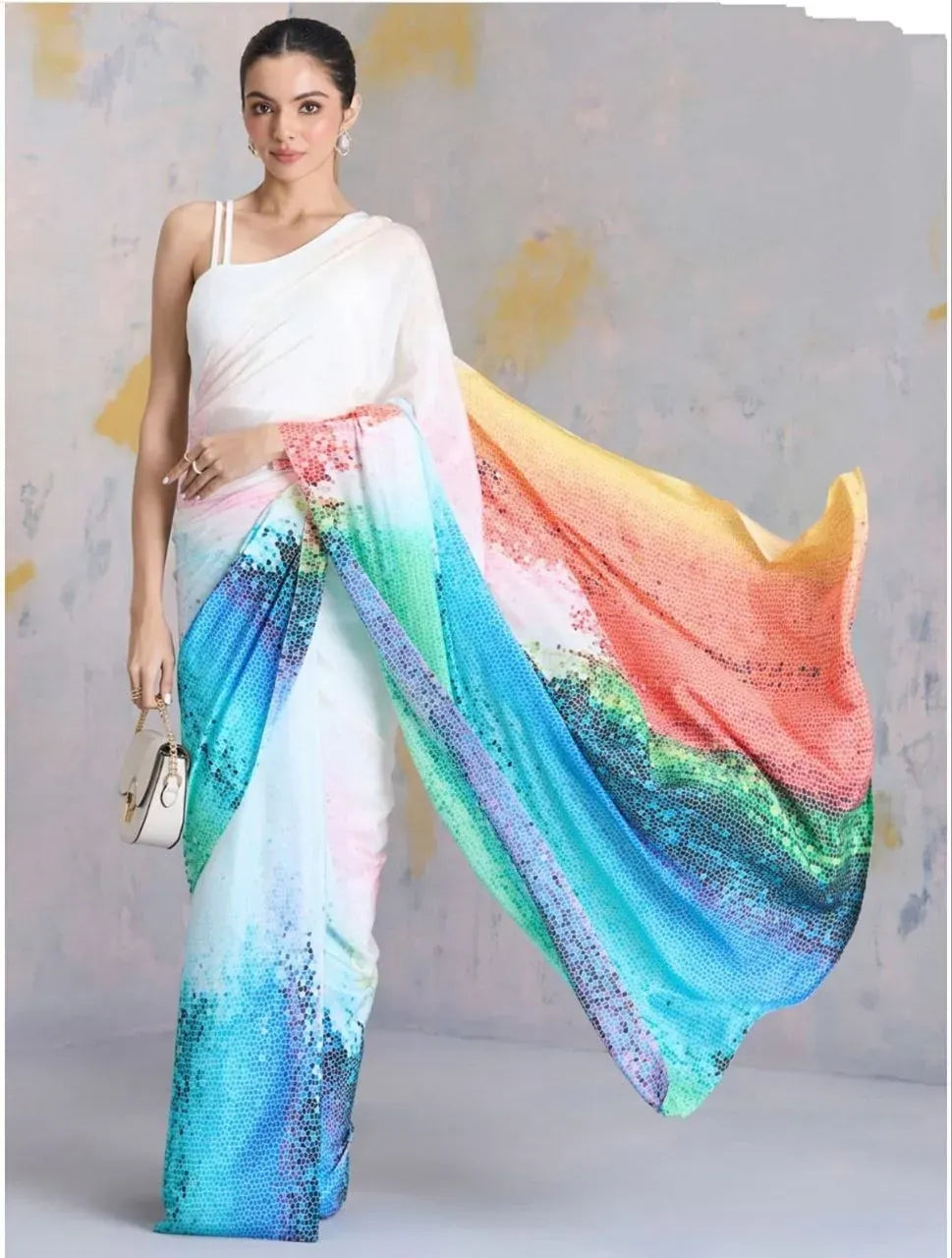 Model posing with colorful watercolor splash design satin saree