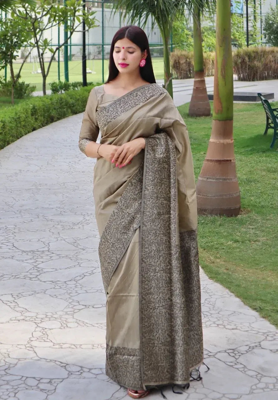 Full body view of model in grey-gold Banglori handloom silk saree