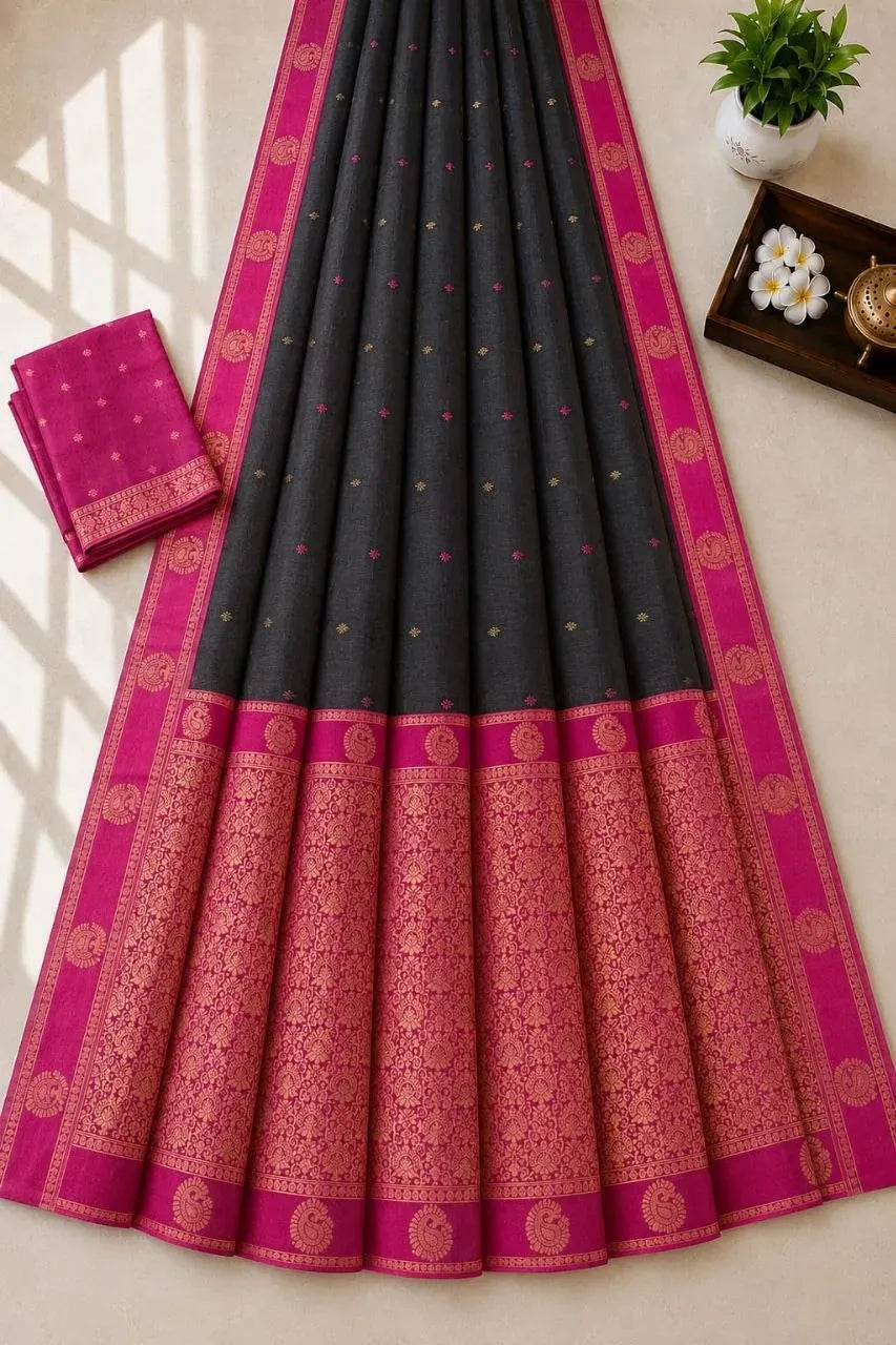 Charcoal grey Kalyani cotton saree with pink pallu and motifs