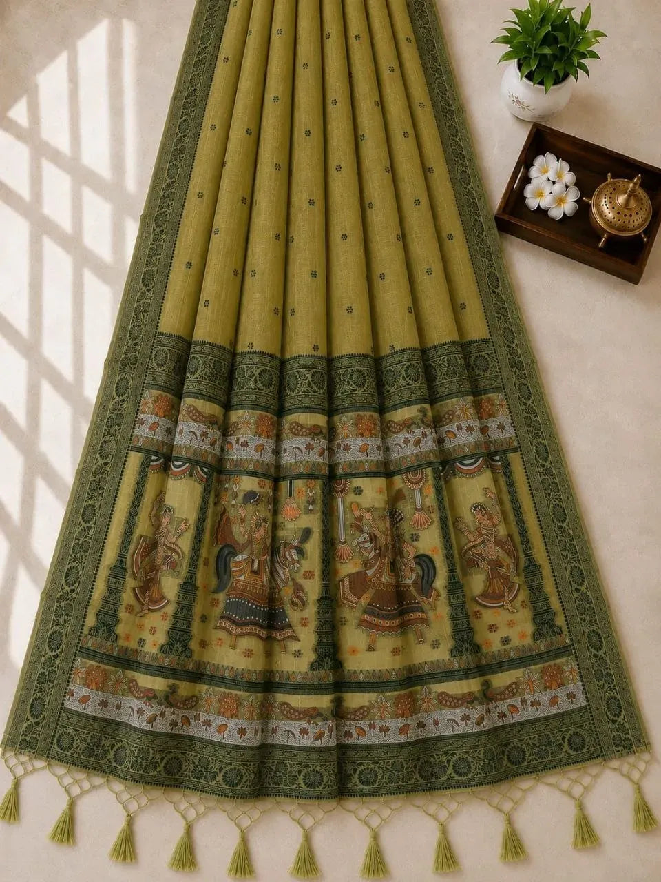 Olive green kalyani cotton saree with traditional weaving pallu