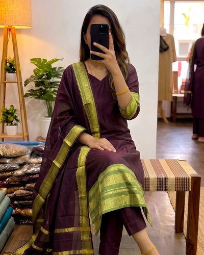 Exquisite Kanchi Cotton Kurti Set - Festive Wear with Jacquard Weaving Dupatta