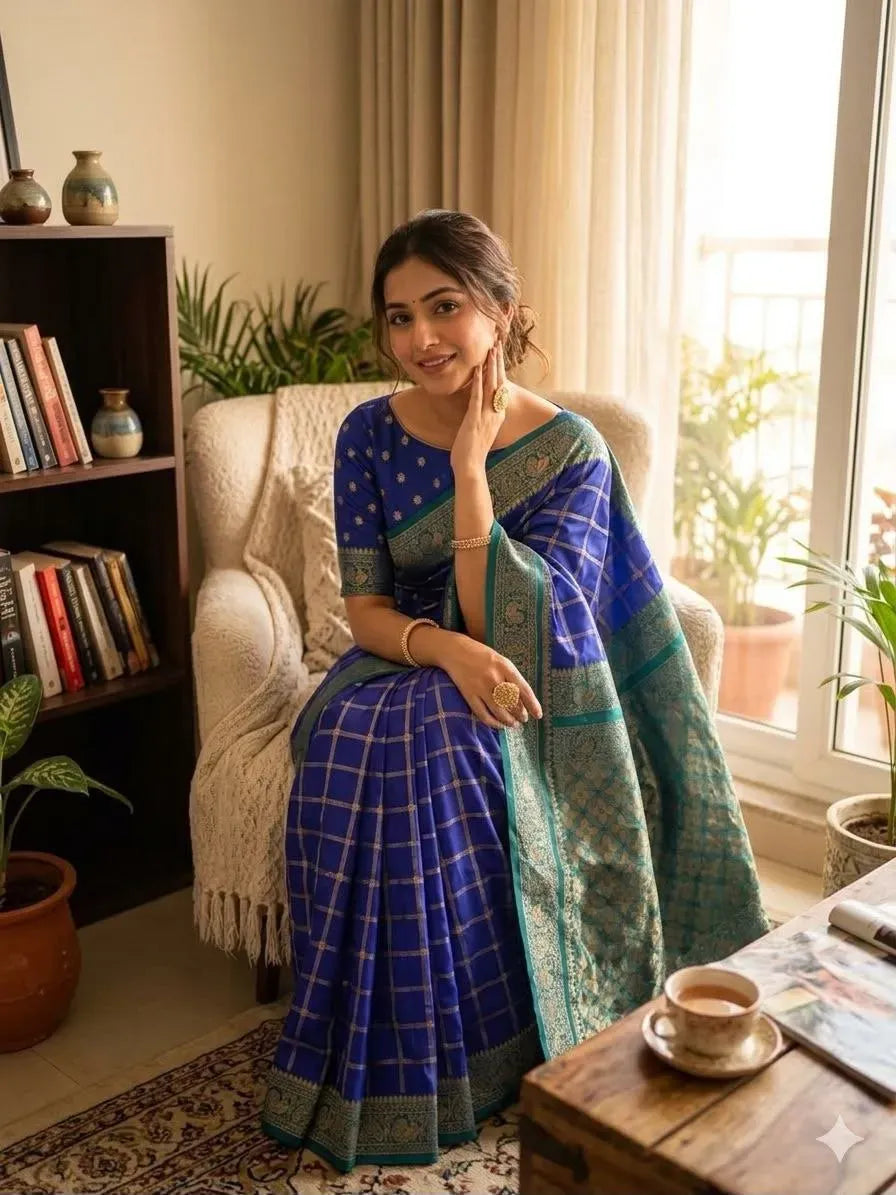 Woman wearing blue Kanjivaram soft silk saree with gold zari checks seated on chair