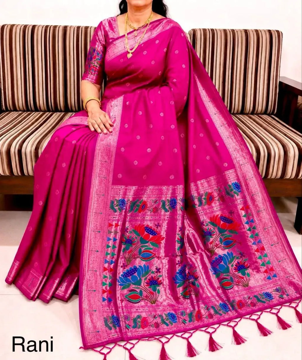 Rani pink khadi raw silk saree with zari weaving and muniya border on model