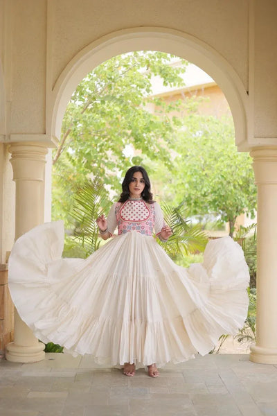 Exquisite Kora Cotton Gown - Heavy Mirror Work for Festive Wear