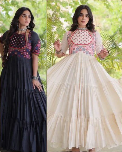 Exquisite Kora Cotton Gown - Heavy Mirror Work for Festive Wear