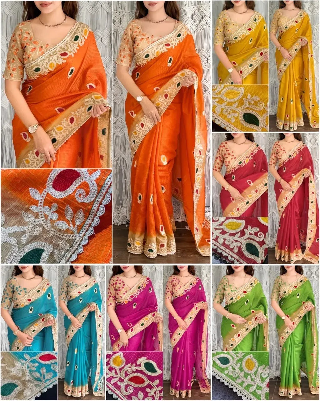 Model showcasing various colors of the Kota Doria saree collection