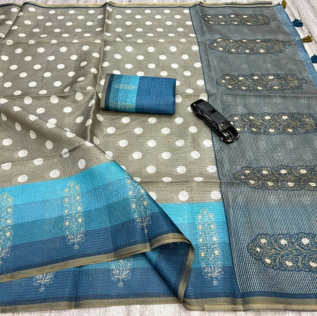 Grey and blue Kota Doriya digital print saree with polka dots and running blouse piece