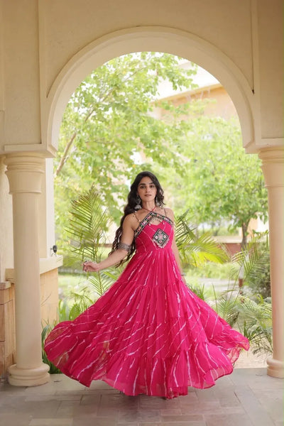 Exquisite Laheriya Gown - Kutchi Patchwork Georgette Dress for Women