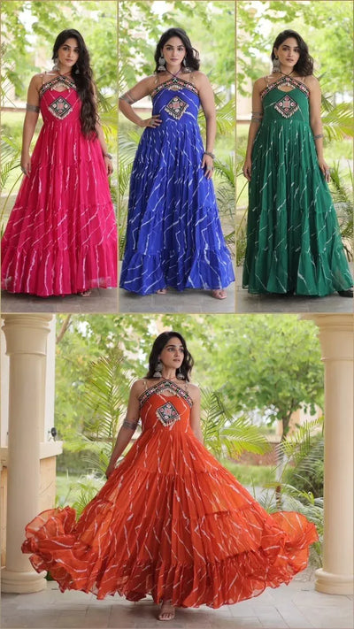 Exquisite Laheriya Gown - Kutchi Patchwork Georgette Dress for Women