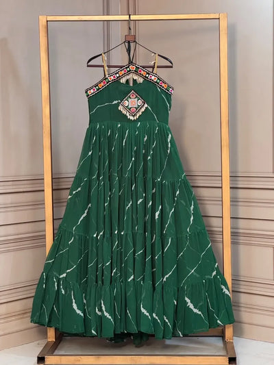 Exquisite Laheriya Print Gown - Festive Heavy Flair Dress for Women