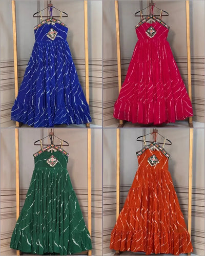 Exquisite Laheriya Print Gown - Festive Heavy Flair Dress for Women