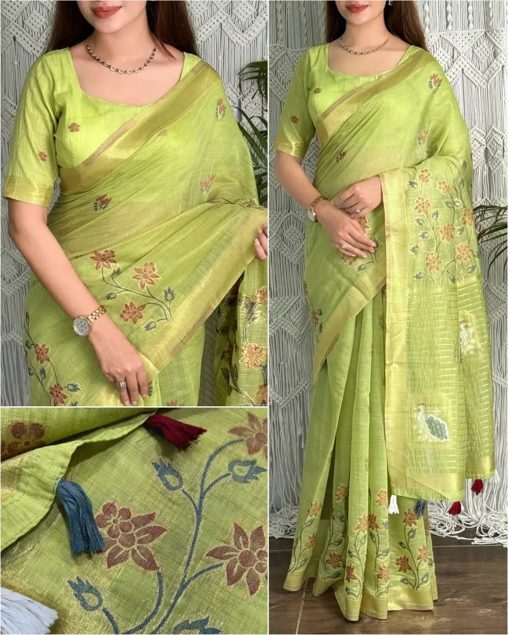 Light green linen cotton saree with floral and peacock motifs on model
