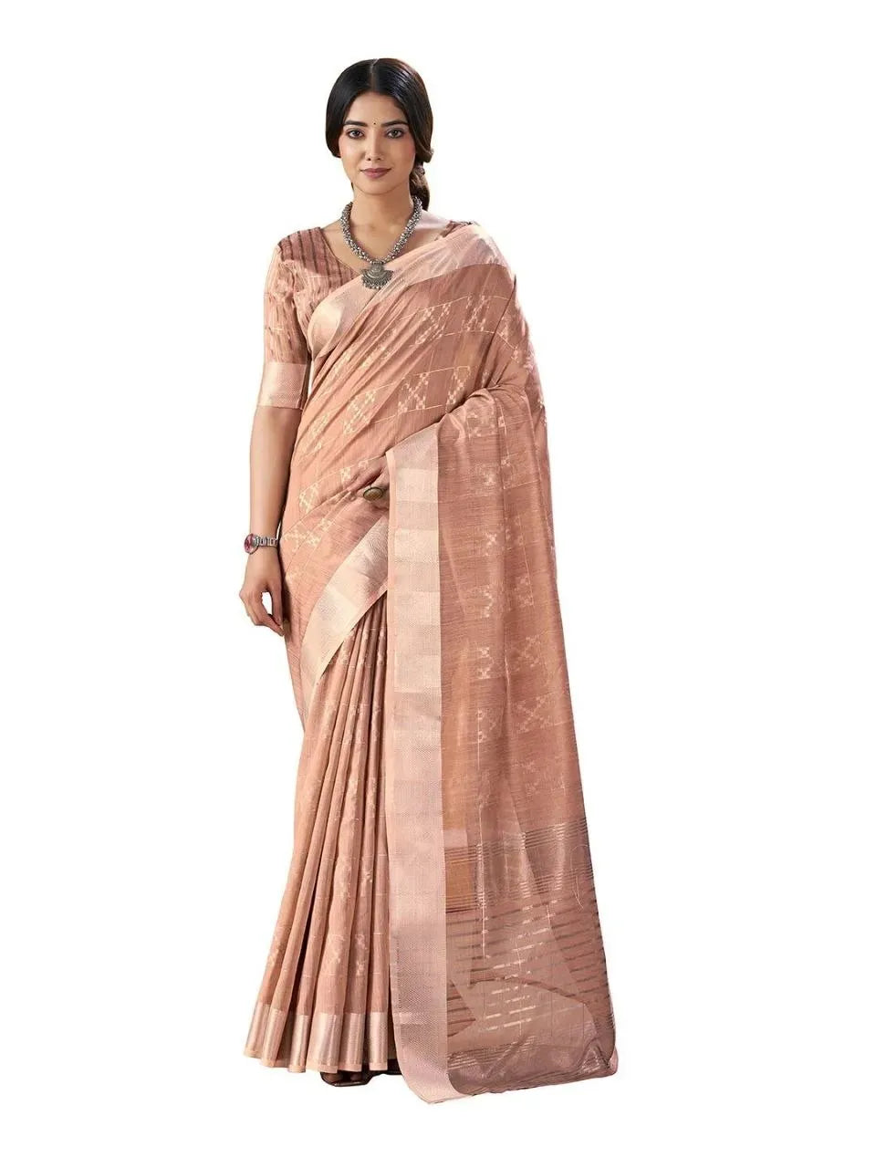 Front facing model wearing pink linen cotton silk saree
