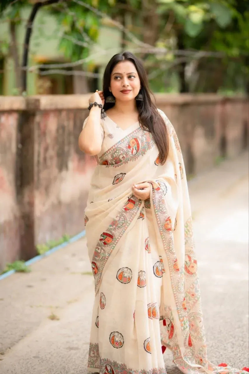 Full-length view of model in traditional Madhubani printed linen saree with tassels on pallu