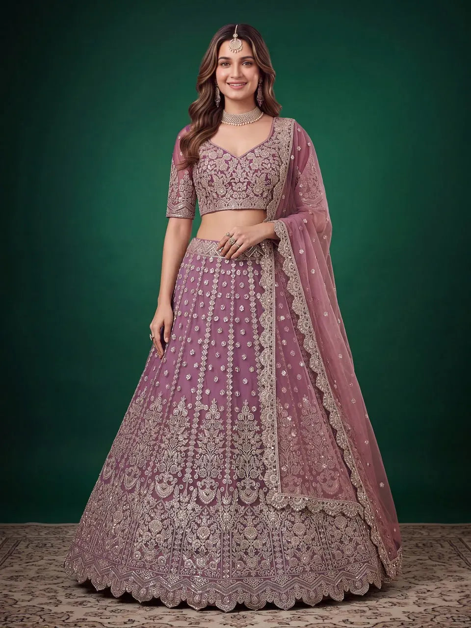 Model wearing mauve purple embroidered lehenga choli with net dupatta front view