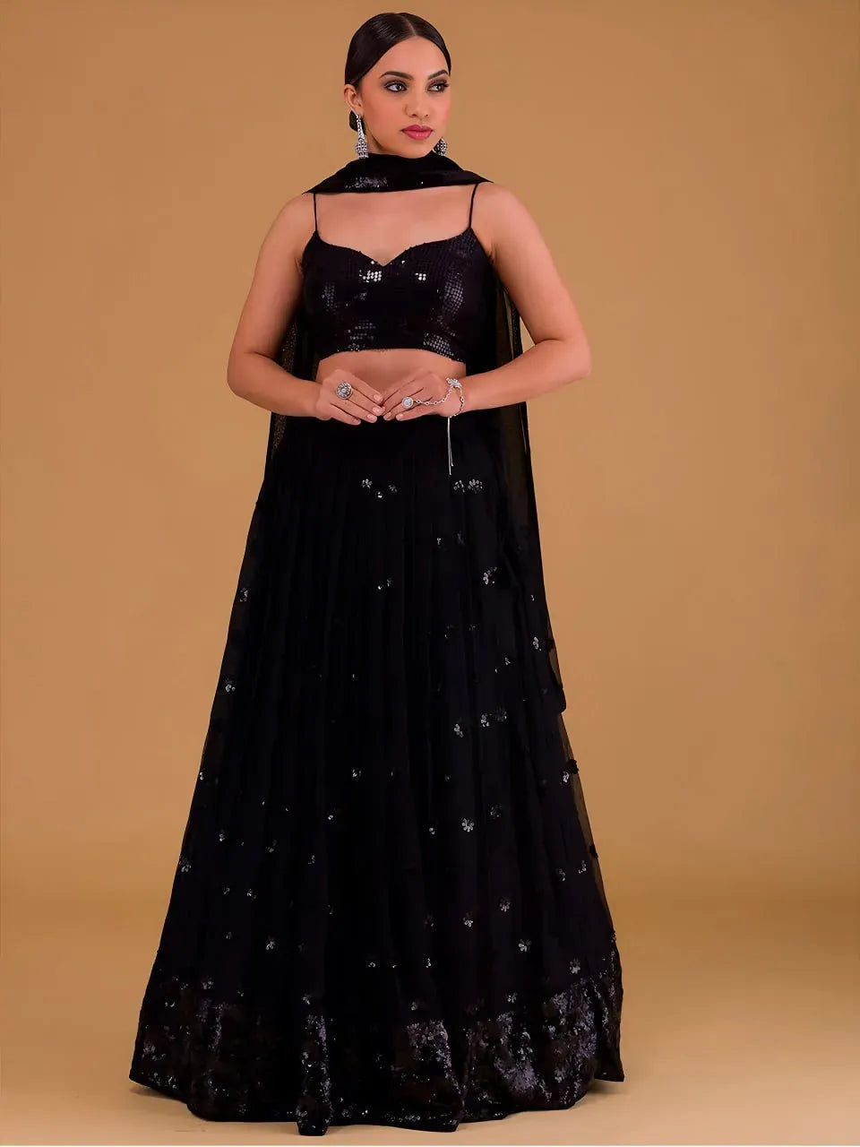 Exquisite Midnight Noir Sequin Lehenga - Designer Georgette Festive Wear for Wedding in Black