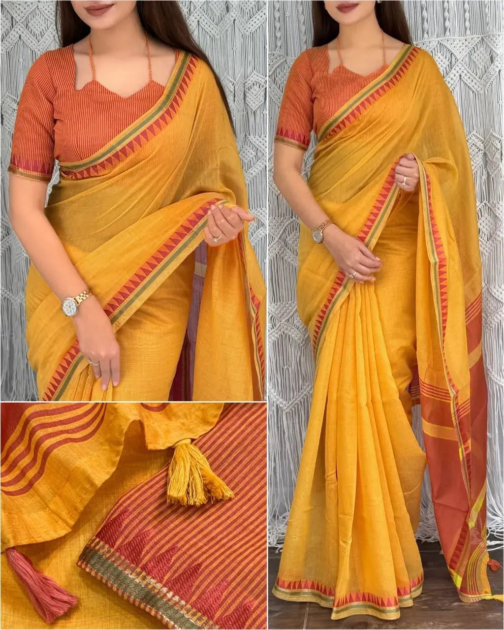 Model wearing yellow modal cotton saree with temple border and striped blouse