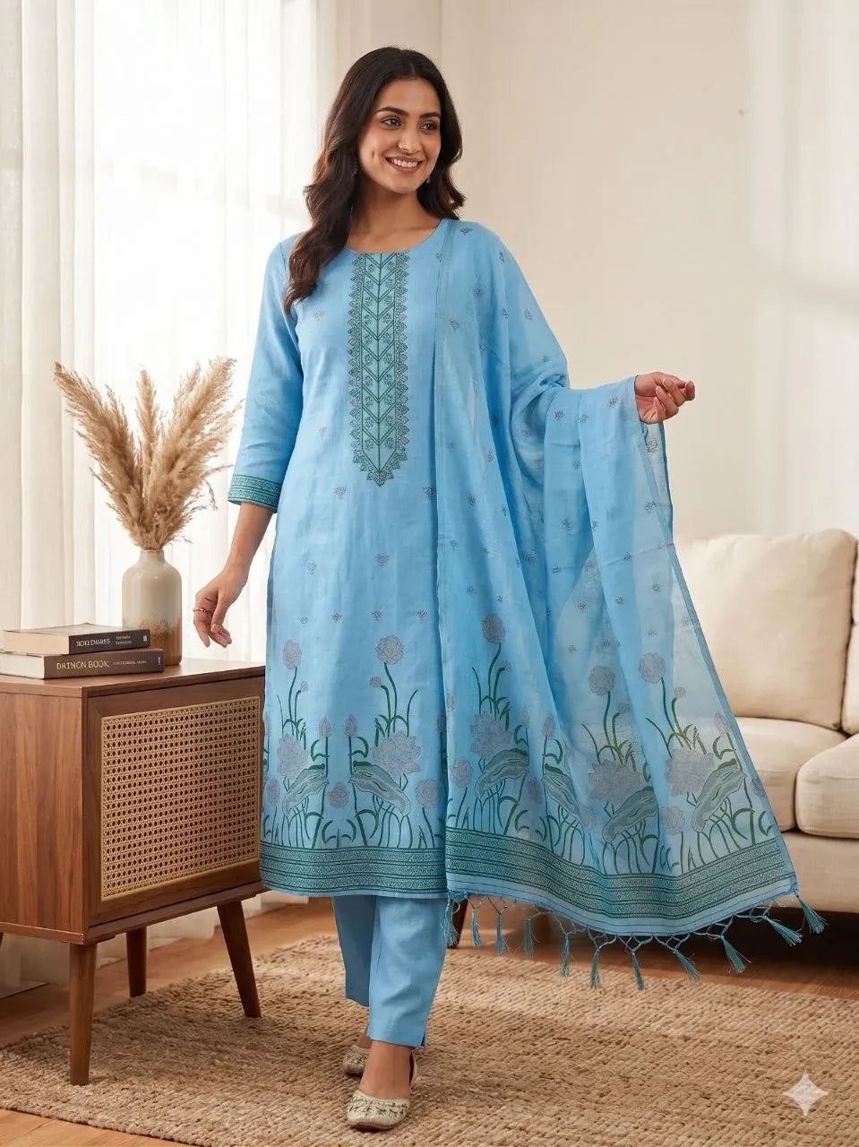 Model wearing light blue Muga cotton Jamdani Pichwai salwar suit with dupatta