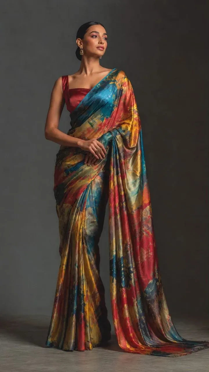 Model wearing multi color digital print mul cotton saree with red sleeveless blouse