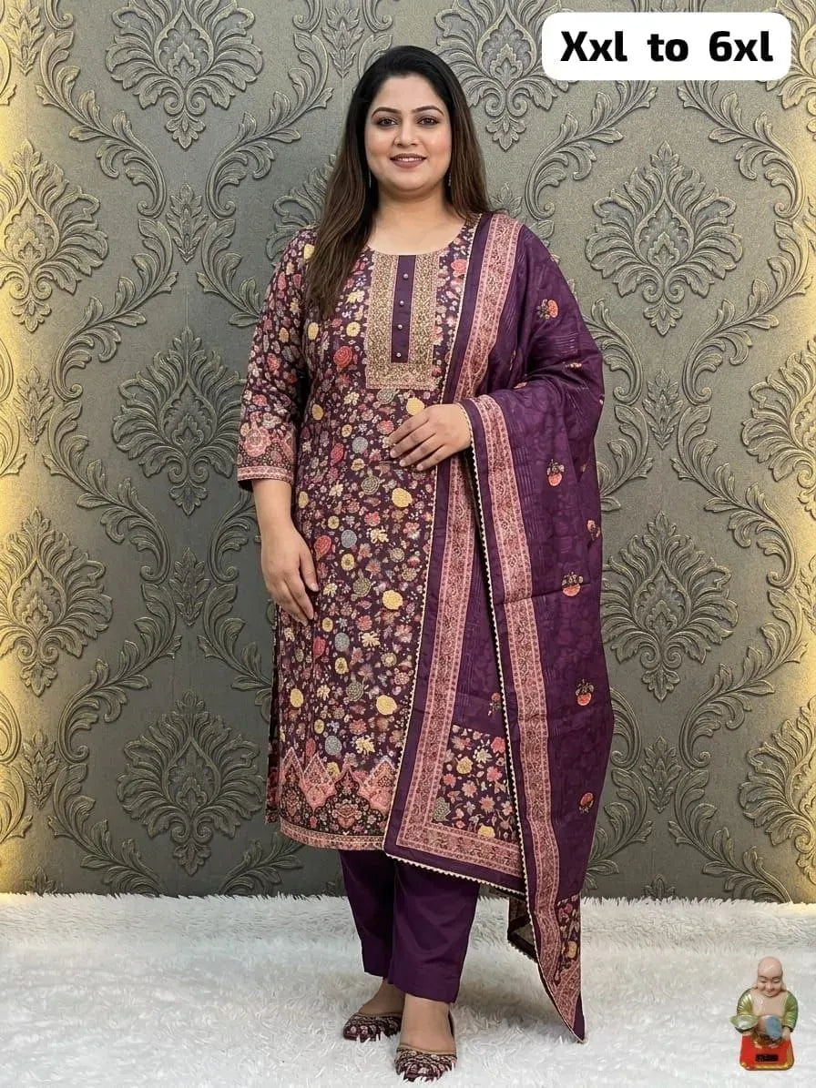 Plus size model wearing purple muslin silk kurti set with hand work and dupatta