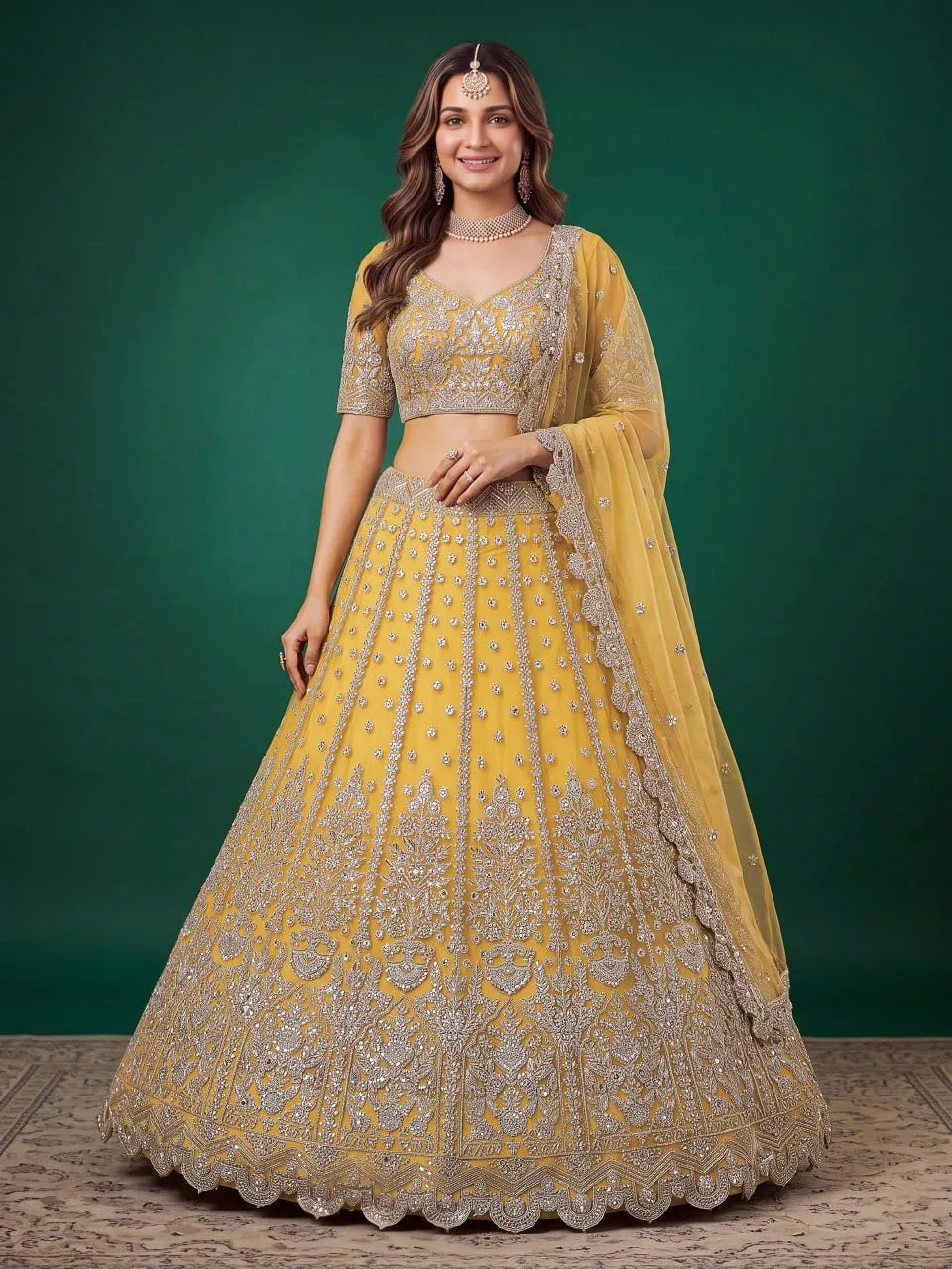 Model wearing mustard gold embroidered lehenga choli with dupatta front view