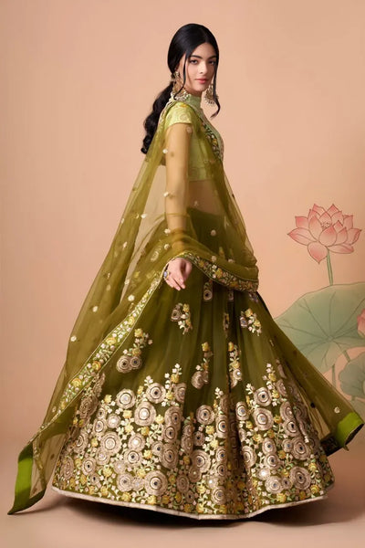 Exquisite Olive Green Lehenga Choli - Designer Mirror Embroidered Wedding Wear