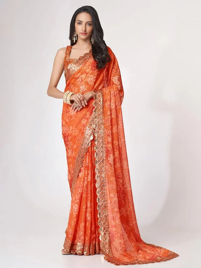 Exquisite Orange Floral Designer Saree - Elegant Wedding & Festive Wear