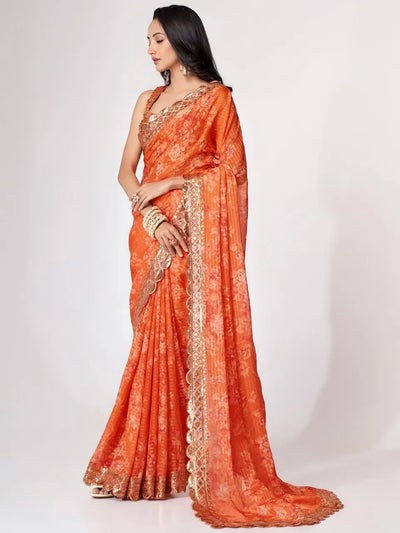 Exquisite Orange Floral Designer Saree - Elegant Wedding & Festive Wear