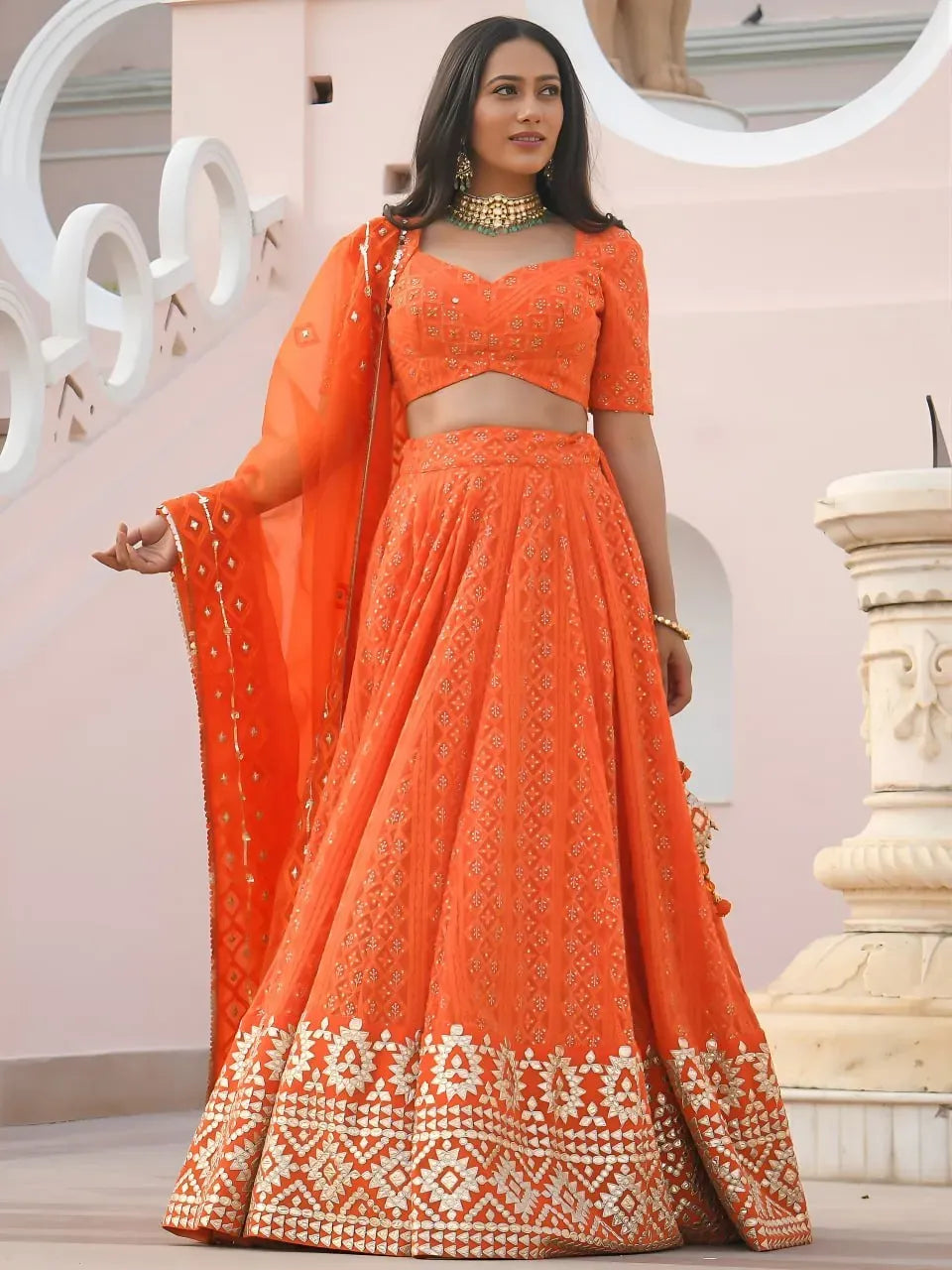 Exquisite Orange Gotta Embroidered Lehenga Choli - Festive Wear for Women in Orange