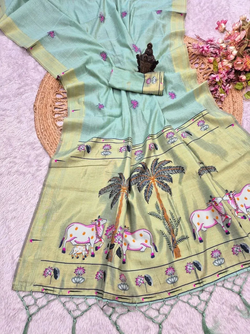Light green moonga cotton saree with paithani border and cow motifs