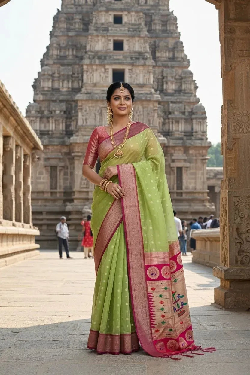 Model wearing light green paithani organza saree with pink border in front of temple