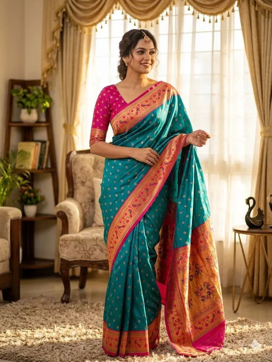 Model wearing teal blue paithani silk saree with pink blouse in indoor setting