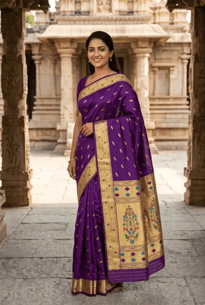 Purple Paithani silk saree with gold zari meenakari motifs on model standing