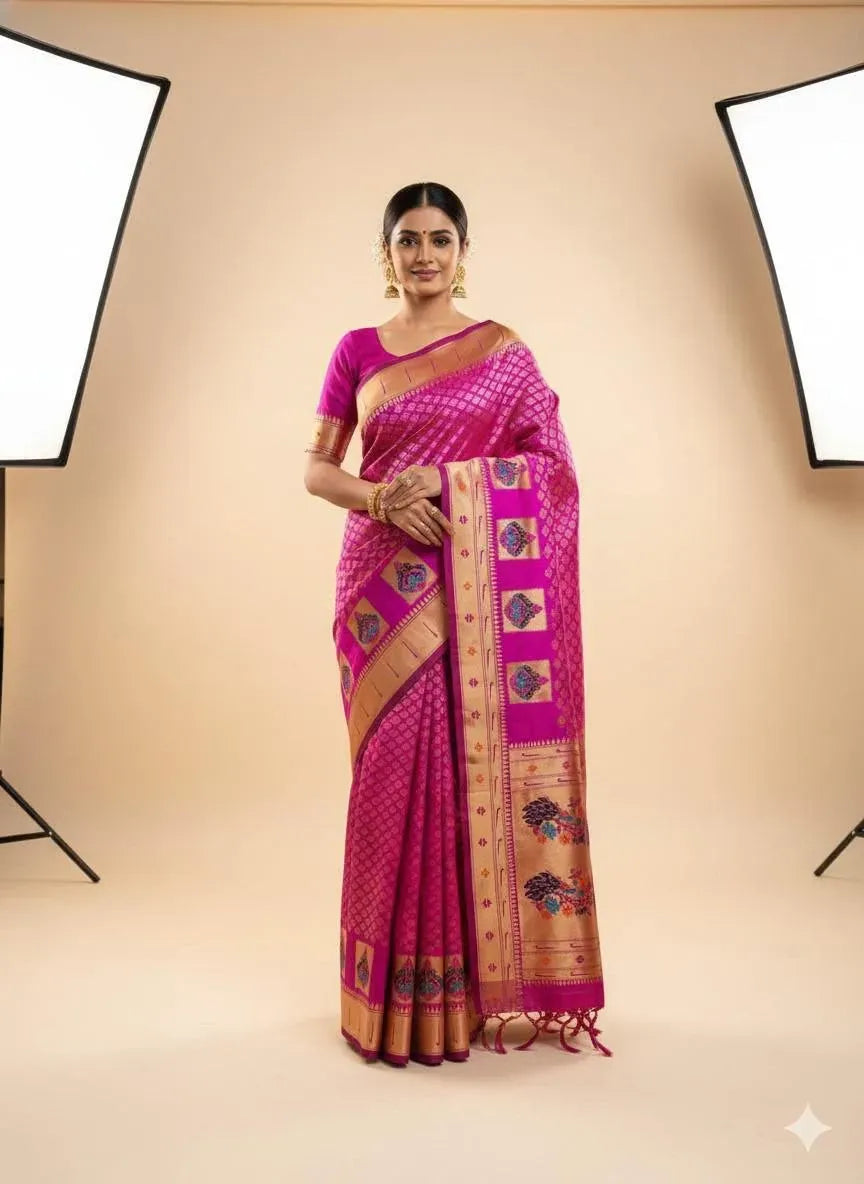 Model wearing bright pink paithani silk saree with gold zari work