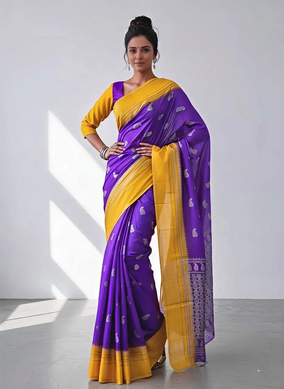 Model wearing purple and yellow pashmina jacquard saree with matching blouse