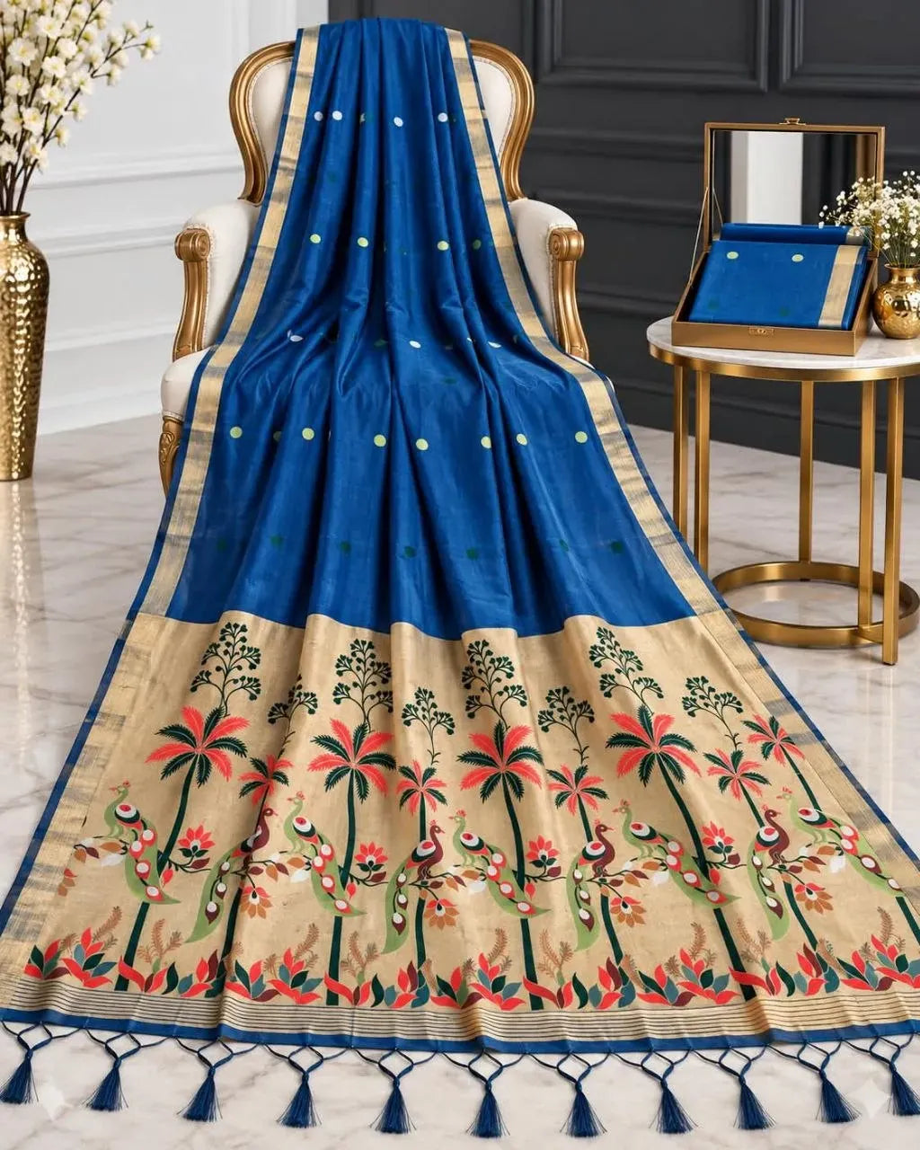 Royal blue premium cotton saree with golden pallu and peacock motifs draped over a chair