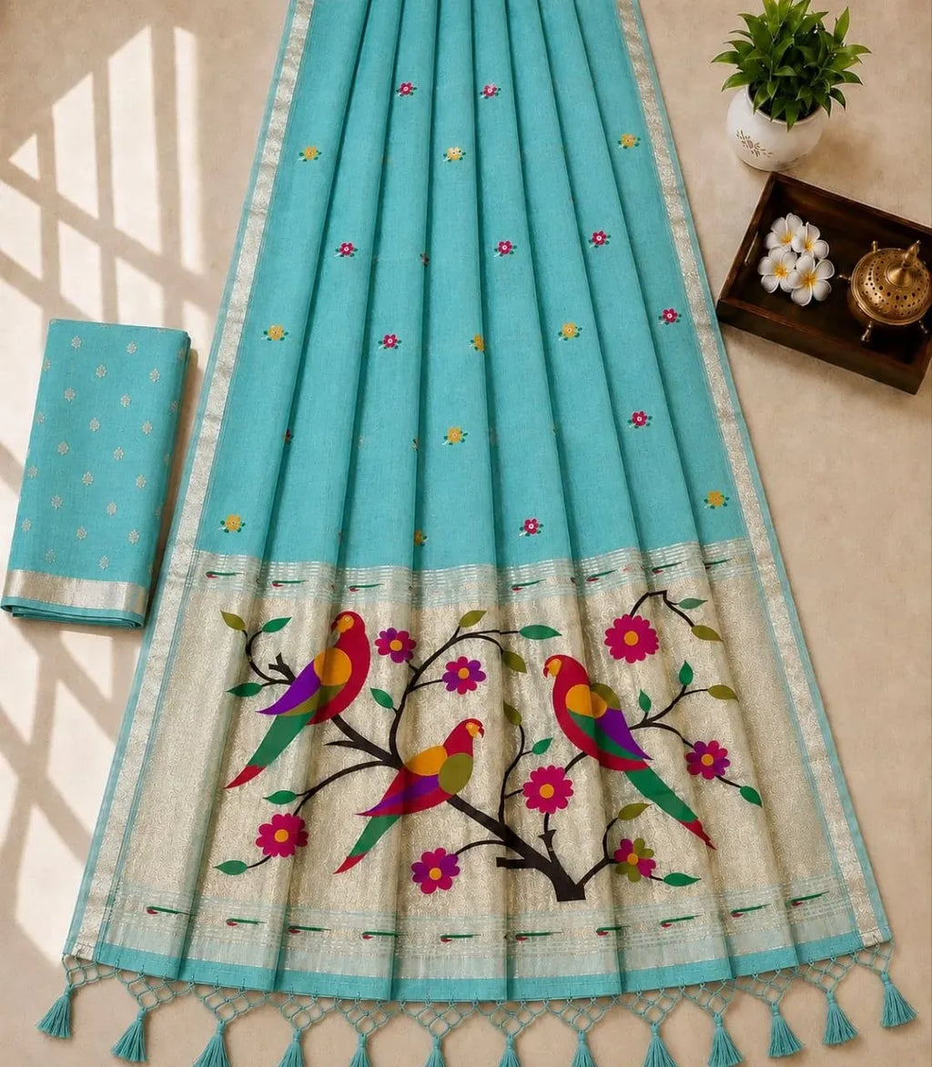 Sky blue Peshwai cotton saree with parrot and floral pallu
