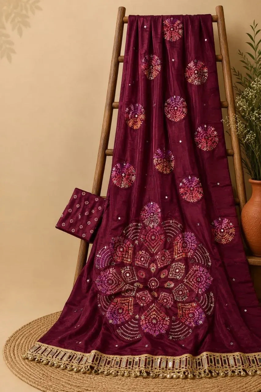 Maroon pure gajji silk saree with bandhej pattern and mirror work displayed on a wooden ladder
