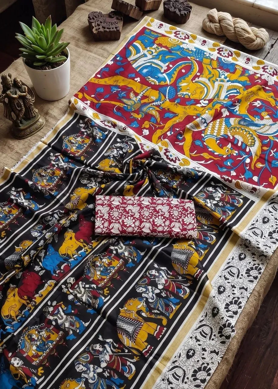 Maroon and black pure mul cotton kalamkari handblock print saree with matching blouse piece