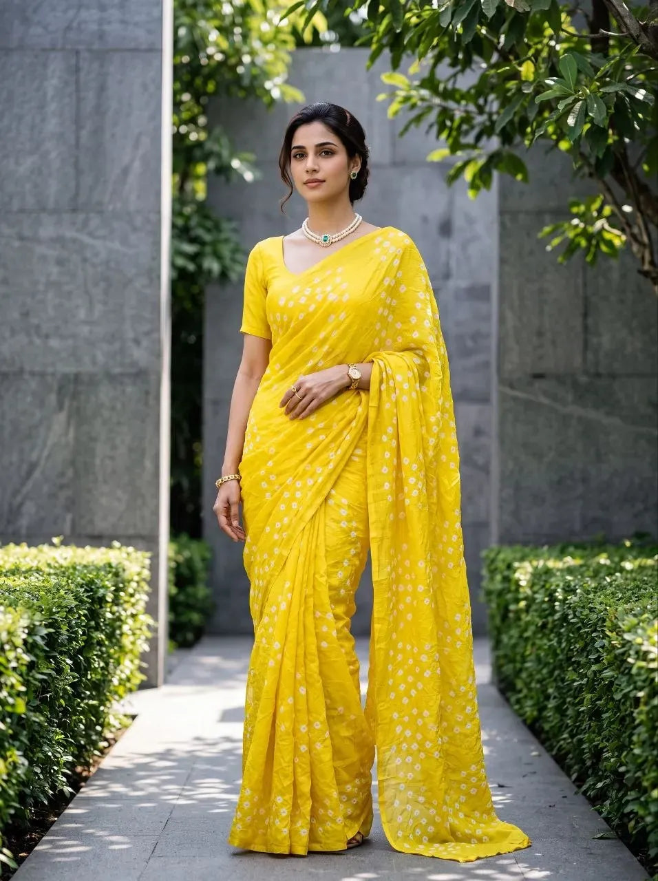 Yellow pure silk bandhani saree with white dot pattern on model